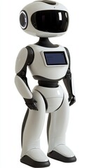 The robotic assistant with a screen stands still in a contemporary office, demonstrating cutting-edge technology designed to assist humans