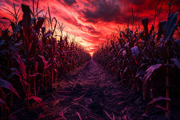 Corn field spooky Halloween horror background, haunted house event, red sky