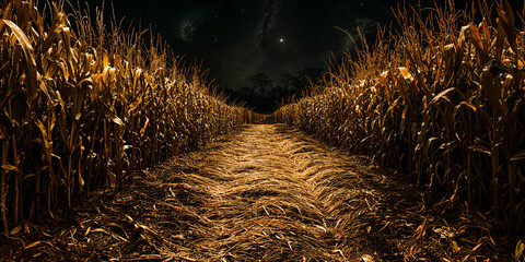 Corn maze spooky Halloween horror background, haunted house event, wide banner