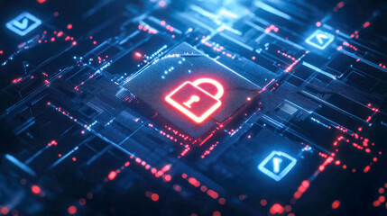 Digital security concept with a glowing padlock icon on a futuristic circuit board, representing data protection and cybersecurity