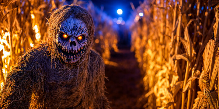 Scarecrow in corn maze, spooky Halloween horror haunted house event, wide banner, copyspace