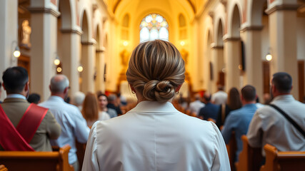 Obraz premium Back view of woman in catholic church. Generative AI