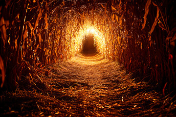 Corn maze spooky Halloween horror background, haunted house event