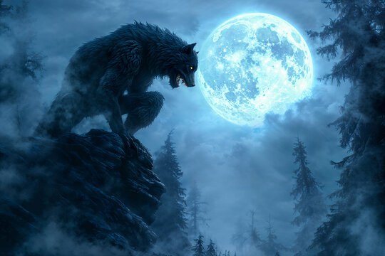Werewolf with full moon in the forest, night, copyspace
