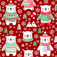 Christmas seamless pattern, Polar bear and snowflackes, pintree. Cute cartoon character for holiday wrapping paper. Vector pattern for kids.
