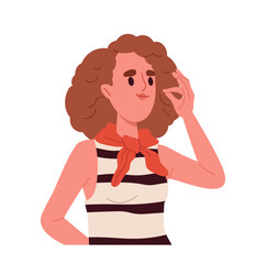 Person shows hand gesture. Woman with facial expression and emotions. Girl show okay. Communication and interaction. Social media sticker. Flat vector illustration isolated on white background