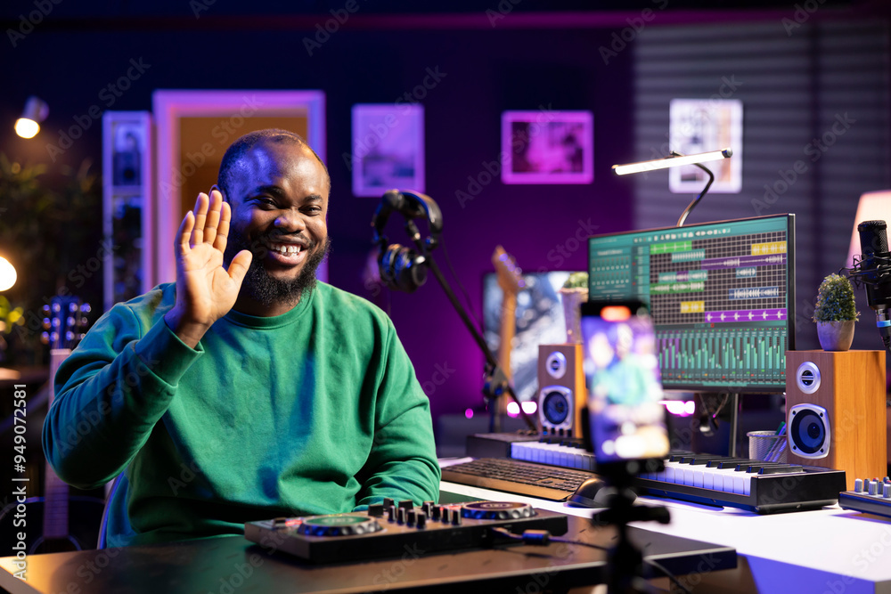 Leinwandbilder Sound technician instructor hosting an online master class to teach people how to use a mixing console in post production. Using motorized faders and pre amp knobs for a demonstration.