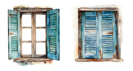 Watercolor painting of an old wooden window with shutters, isolated on a white background