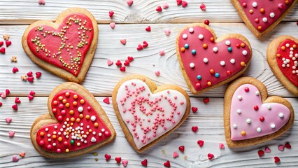 Fototapeta premium heart-shaped cookies with pink and red frosting, decorated with sprinkles and arranged on a white wooden background.