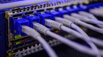 Network cables connecting to a switch, depicting internet infrastructure