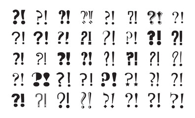 Black ink abstract and isolated assorted different type face question marks and exclamation marks icons set design element on white background poster