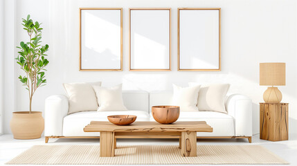 Modern living room with stylish home decor and natural elements featuring a cozy sofa and wooden coffee table