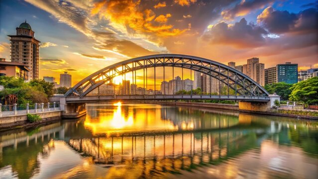 Historic steel arch bridge spanning Pasig River, iconic Manila landmark with majestic sunset background and vibrant cityscape in warm golden light.
