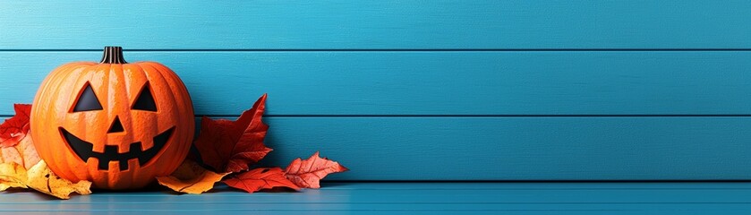 A festive Halloween pumpkin rests on vibrant autumn leaves against a bright blue wooden background, perfect for seasonal decor.