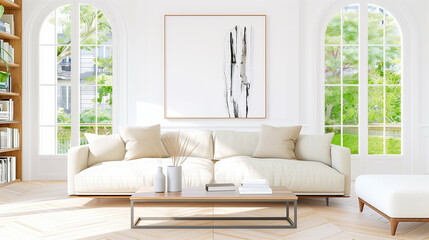 Modern living room with stylish interior decor featuring large windows and minimalist furniture