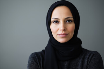 Naklejka premium selective focus on the eyes of a Muslim woman face close up wearing black hijab with simple grey background