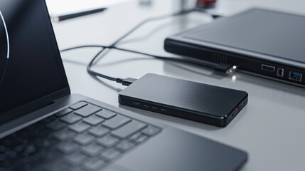 External hard drive connecting to laptop for data backup on white desk