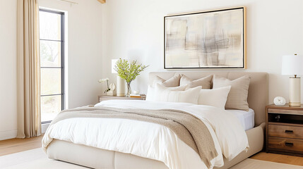 Modern bedroom interior design with cozy bedding and elegant decor in bright light