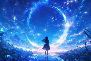 Girl dancing under a starry night sky with twinkling lights and a crescent moon. Anime style, Cozy vibes
