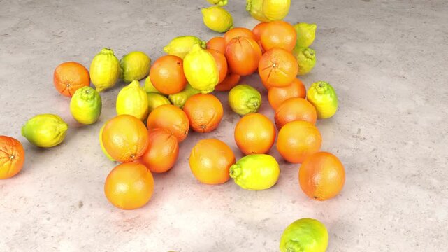 Lluvia de limones y naranjas sobre fondo de m&aacute;rmol beige | Animaci&oacute;n fresca y c&iacute;trica

