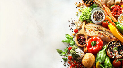 Fresh produce assortment: vegetables, fruits and nuts on a white background