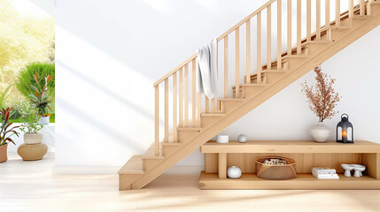 Wooden staircase in modern interior with natural light and decorative elements