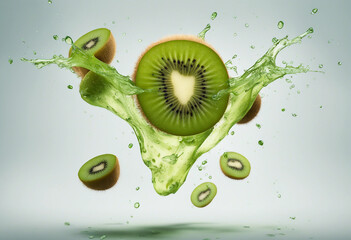 A kiwi fruit suspended in mid-air surrounded by a lively burst of kiwi juice on transparency backgro