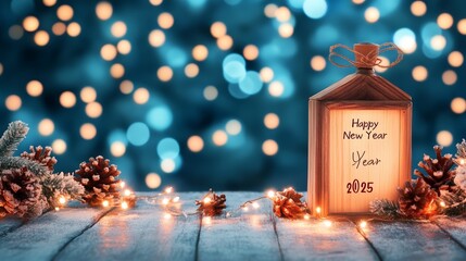 A festive New Year decoration with a glowing lantern, pine cones, and sparkling lights creating a warm holiday ambiance.