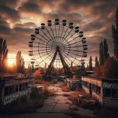 The silhouette of an old Ferris wheel against the backdrop of a sunset, surrounded by trees and bushes Generative AI