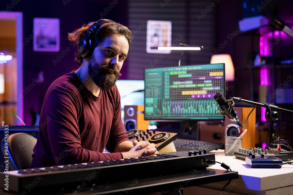 Aufkleber Portrait of artist producer playing midi controller notes and adding them on new song, using daw software interface to mix and master tunes. Skilled musician creating music with piano keys.