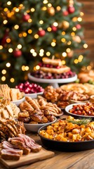 Fototapeta premium A festive spread of delicious holiday foods, decorated with vibrant colors and twinkling lights, perfect for Christmas celebrations.