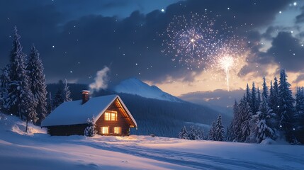 Cozy cabin in snowy landscape with fireworks in the sky