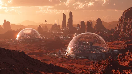 Gardinen Terraforming Mars, CGI scene: A computer-generated scene of a terraformed Mars with futuristic cities under protective domes, red landscapes, and advanced terraforming technologies, shown in  © AiiNa