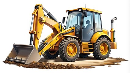Fototapeta premium Illustrated construction backhoe loader digging into the ground with machinery details and subtle shadows, set against a clean white background with crisp outlines.