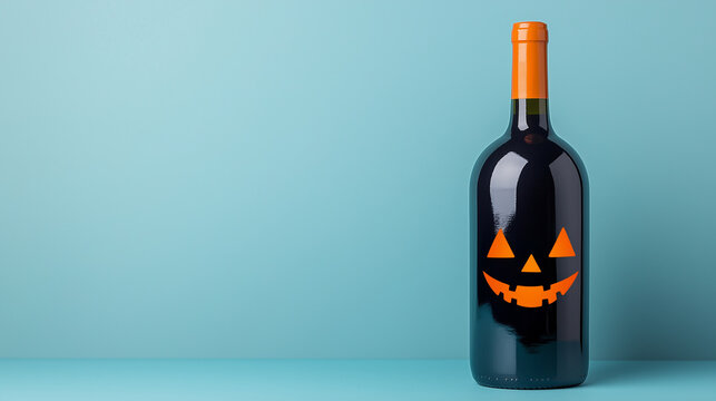 Spooky halloween wine bottle with jack-o'-lantern face on vibrant blue background, ideal for holiday marketing and eerie festivities