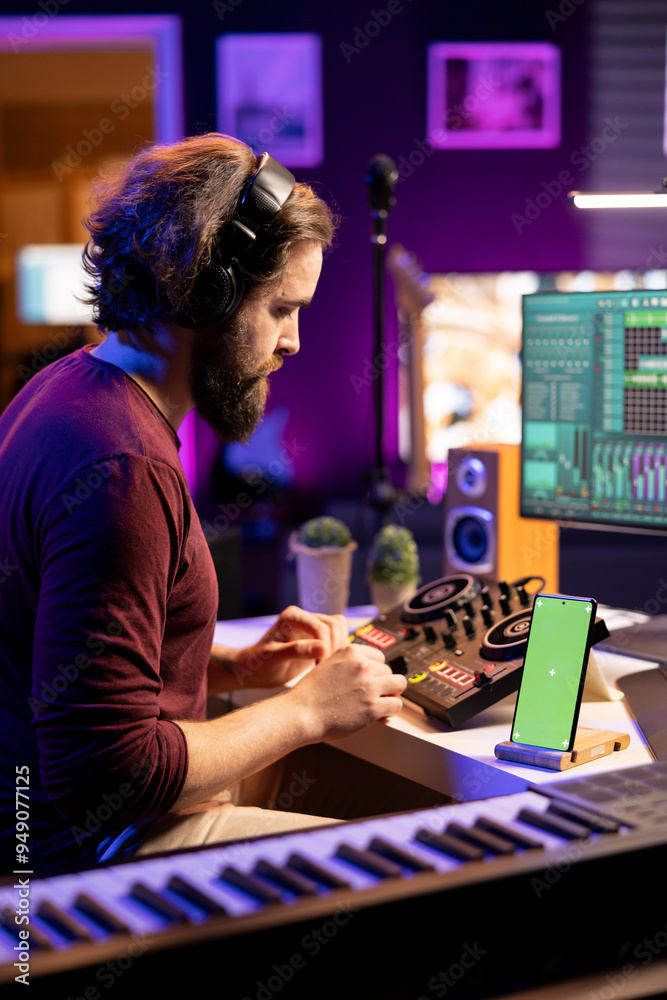 Poster Audio engineer adding sound effects on tunes in post production, working with daw software next to greenscreen layout on mobile phone. Music producer creating sounds on mixing console.