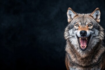 Fototapeta premium A fierce wolf displaying its teeth against a dark background, capturing the spirit of wilderness and strength in nature.