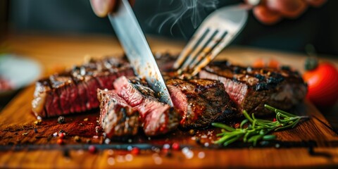 Close up of a succulent grilled steak being sliced with a knife and fork on a kitchen table