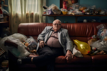Obraz premium old grandpa sitting on the couch having a party, grandpas party
