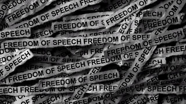 Strips of newspaper with the words Freedom of speech typed on them. Black and white. Close up.