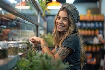 Smiling woman in a cannabis dispensary.