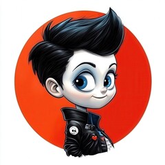 young boy goth ghost,  in a circle frame game portrait, cartoon gaming or social media character, anime -like avatar profile icon logo. background is a vibrant pop art-style setting, 