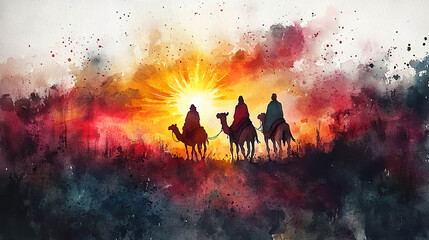 Fototapeta premium Three wise men ride on camels across a desert landscape, guided by a bright star shining in the golden sky, their journey a symbol of faith and hope. Generated with AI.
