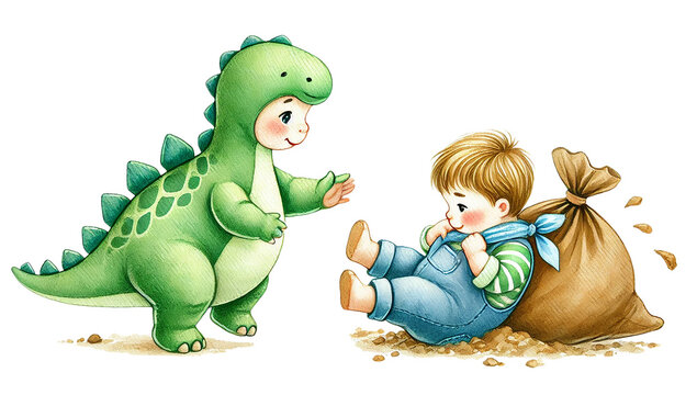 baby Diplodocus in green attire, stopping to help a friend who has fallen over in their potato sack.