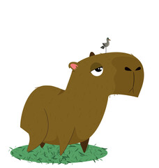 Obraz premium capybara on the grass with bird on its head. children's drawing