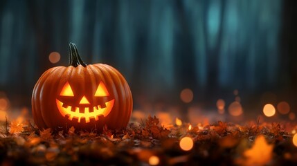 A glowing jack-o'-lantern sits on a bed of autumn leaves, illuminated by a serene forest backdrop, capturing the essence of Halloween.