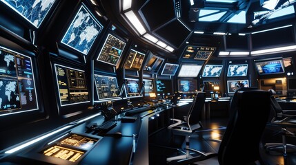 Futuristic control room displaying world map and data analysis on multiple screens