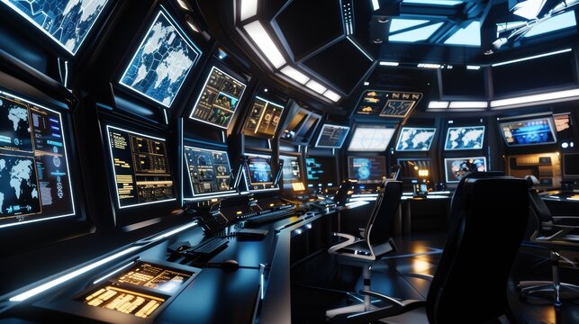 Futuristic control room displaying world map and data analysis on multiple screens