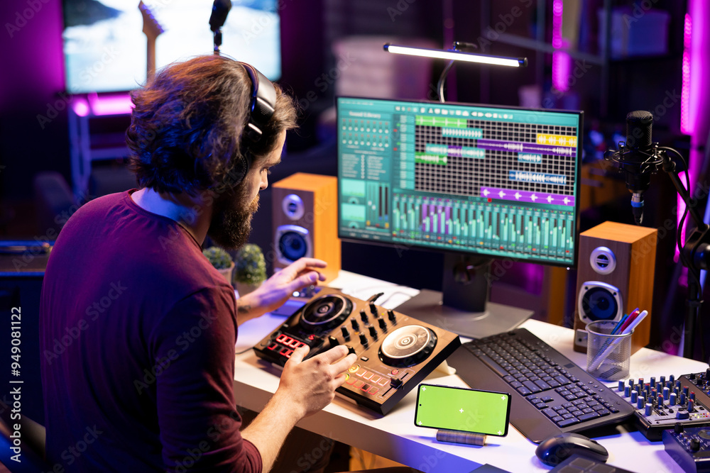Leinwandbilder Audio engineer following online tutorial on smartphone greenscreen display, learning to use mixing console and add sound effects on songs. Producer creating soundtracks on daw software.