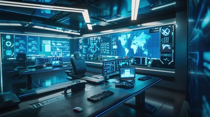 Modern futuristic control room displaying global business data and analytics